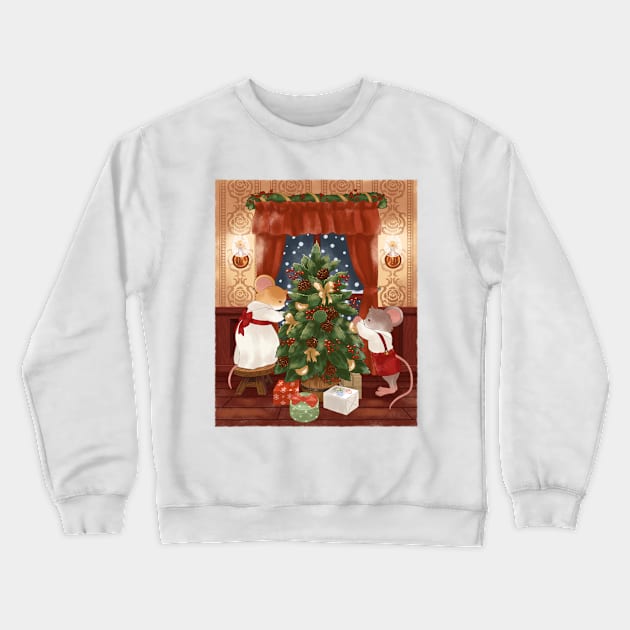 Cottagecore Mice Decorating Christmas Tree Crewneck Sweatshirt by Jieul